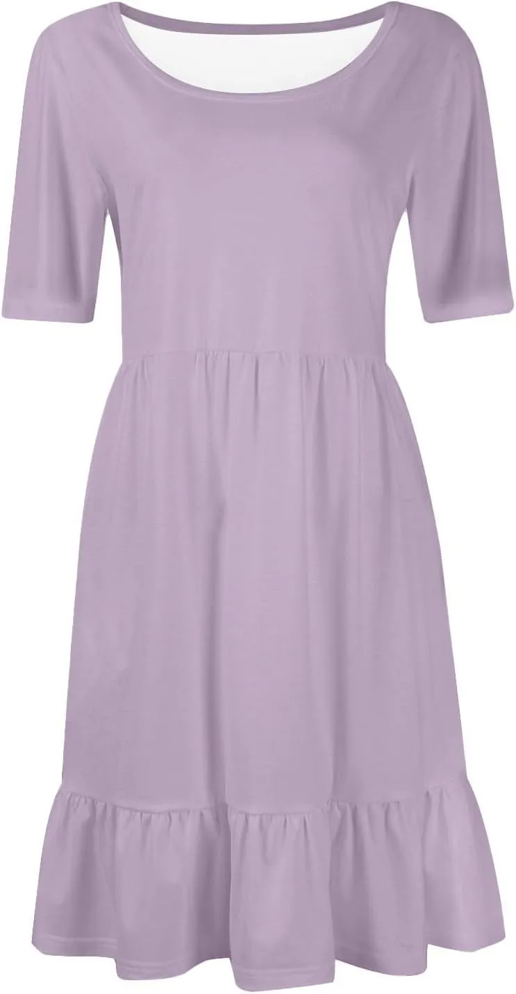 Womens Summer Dresses Short Sleeve O Neck Pleated Swing Mini Dress Solid Color Ruffle Hem Beach Vacation Sundress