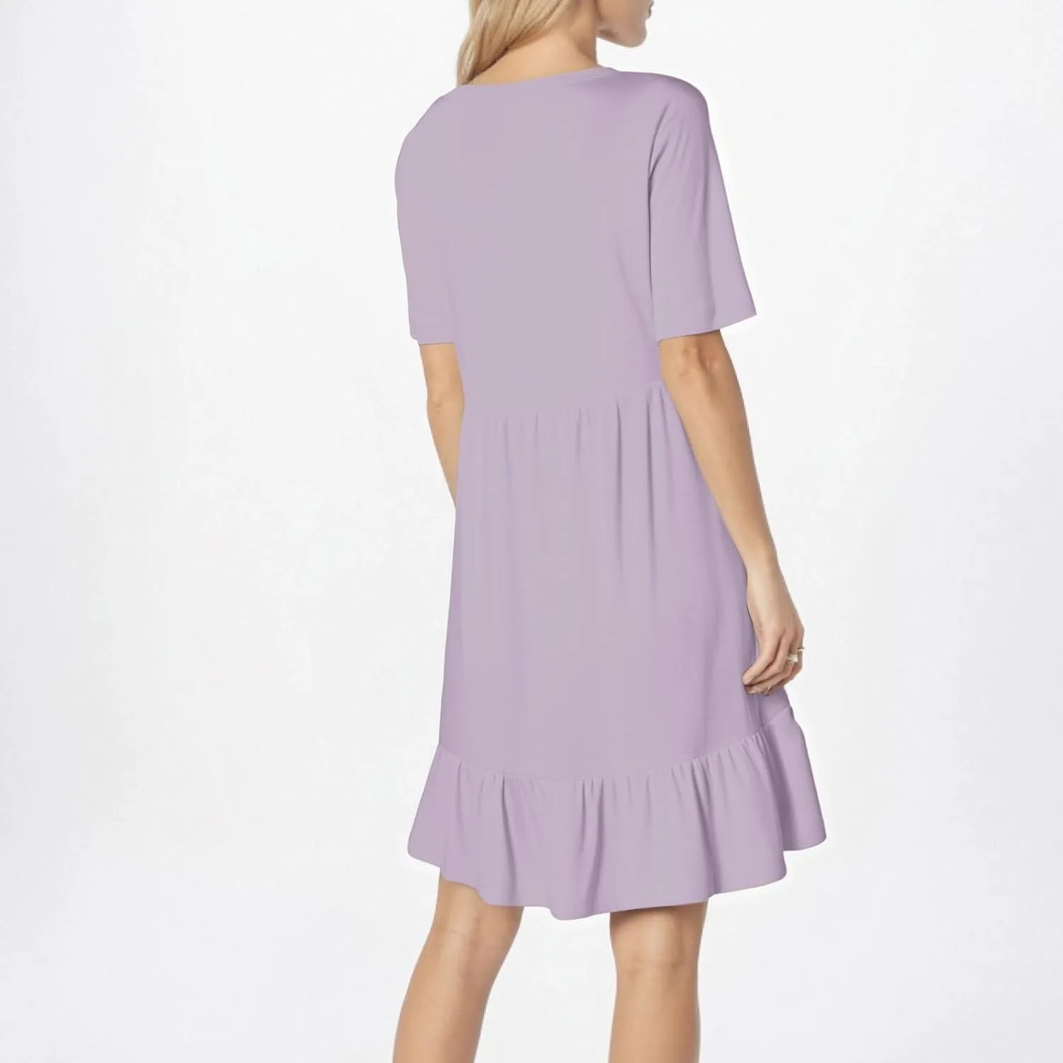 Womens Summer Dresses Short Sleeve O Neck Pleated Swing Mini Dress Solid Color Ruffle Hem Beach Vacation Sundress