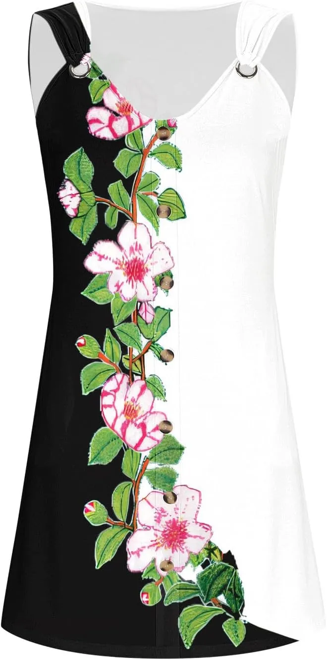 Women's Summer Dresses Sleeveless Floral Beach Dress V Neck Ruffle Dress Holiday Party Dresses for Women 2025