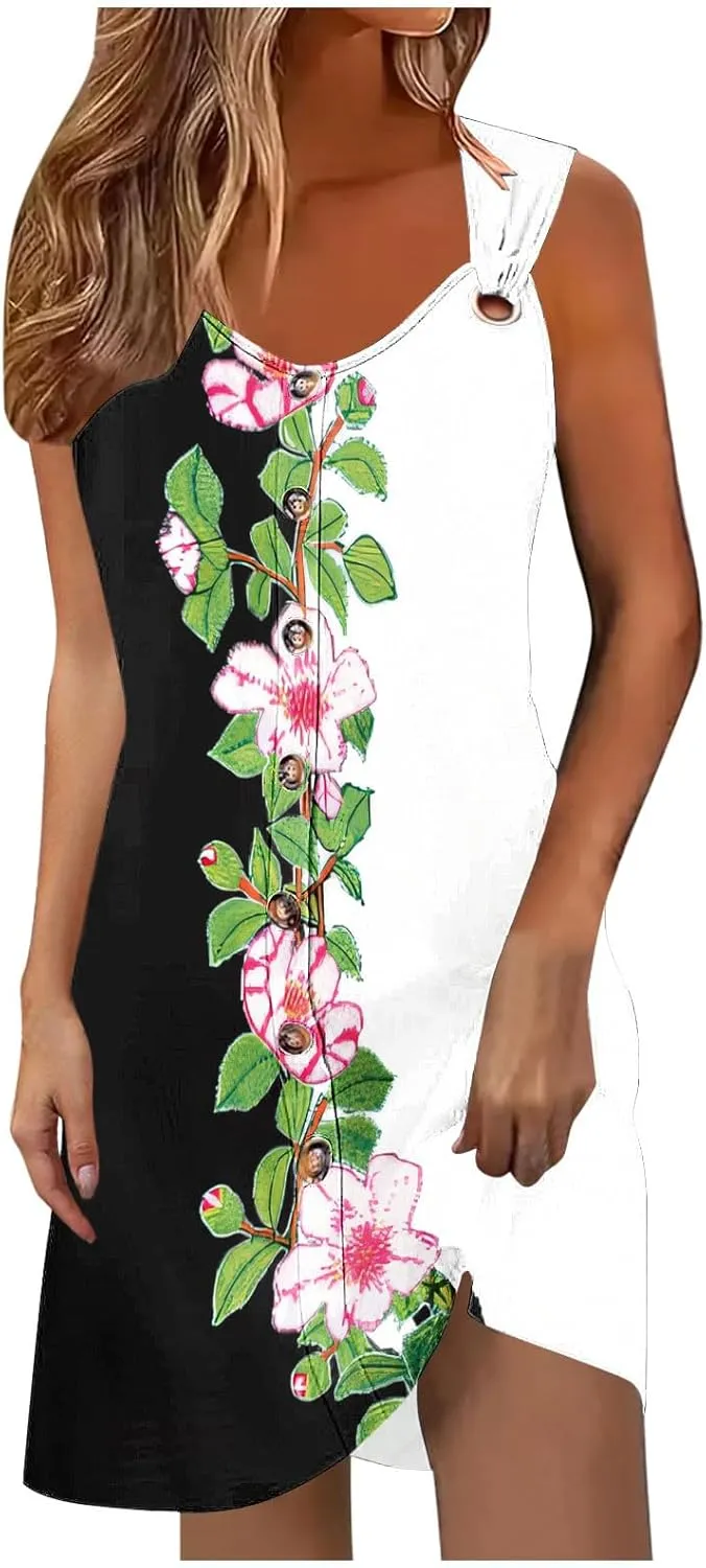 Women's Summer Dresses Sleeveless Floral Beach Dress V Neck Ruffle Dress Holiday Party Dresses for Women 2025
