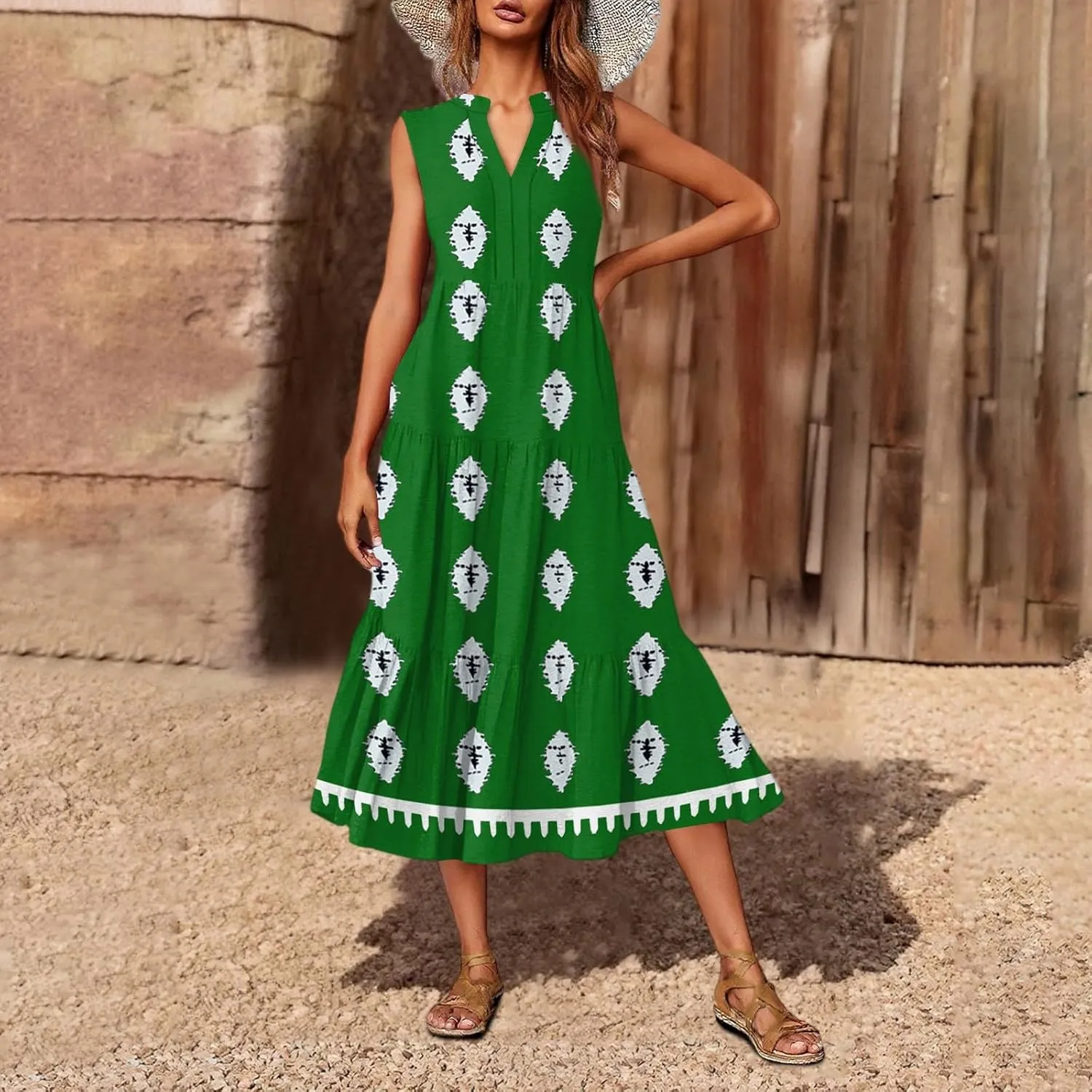 Women's Summer Dresses Sleeveless V Neck Beach Tshirt Sundress Boho Floral Printed Midi Tank Flowy Tiered Dresses