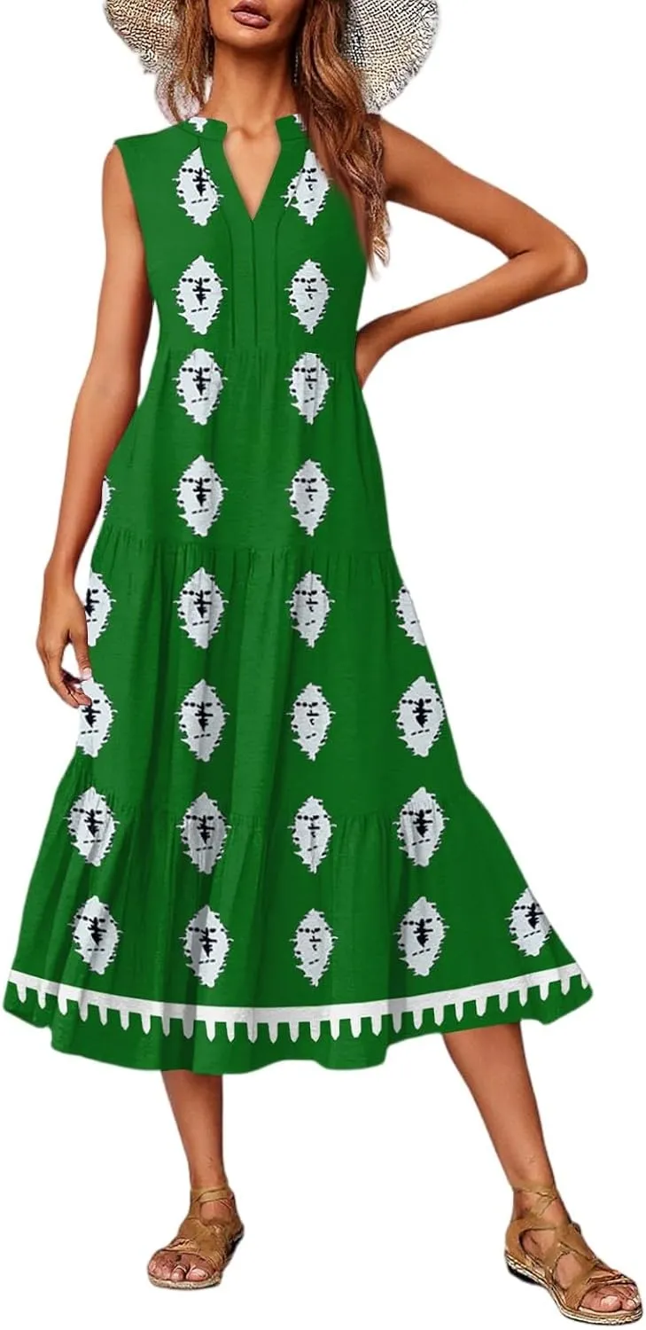 Women's Summer Dresses Sleeveless V Neck Beach Tshirt Sundress Boho Floral Printed Midi Tank Flowy Tiered Dresses