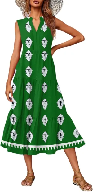 Women's Summer Dresses Sleeveless V Neck Beach Tshirt Sundress Boho Floral Printed Midi Tank Flowy Tiered Dresses