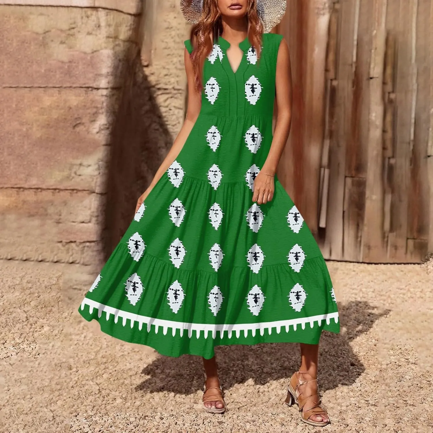 Women's Summer Dresses Sleeveless V Neck Beach Tshirt Sundress Boho Floral Printed Midi Tank Flowy Tiered Dresses