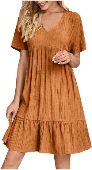 Womens Summer Dresses Sleeveless V Neck Casual Swing Flowy Tiered Ruffle A Line Mini Dress Beach Sundress 2025