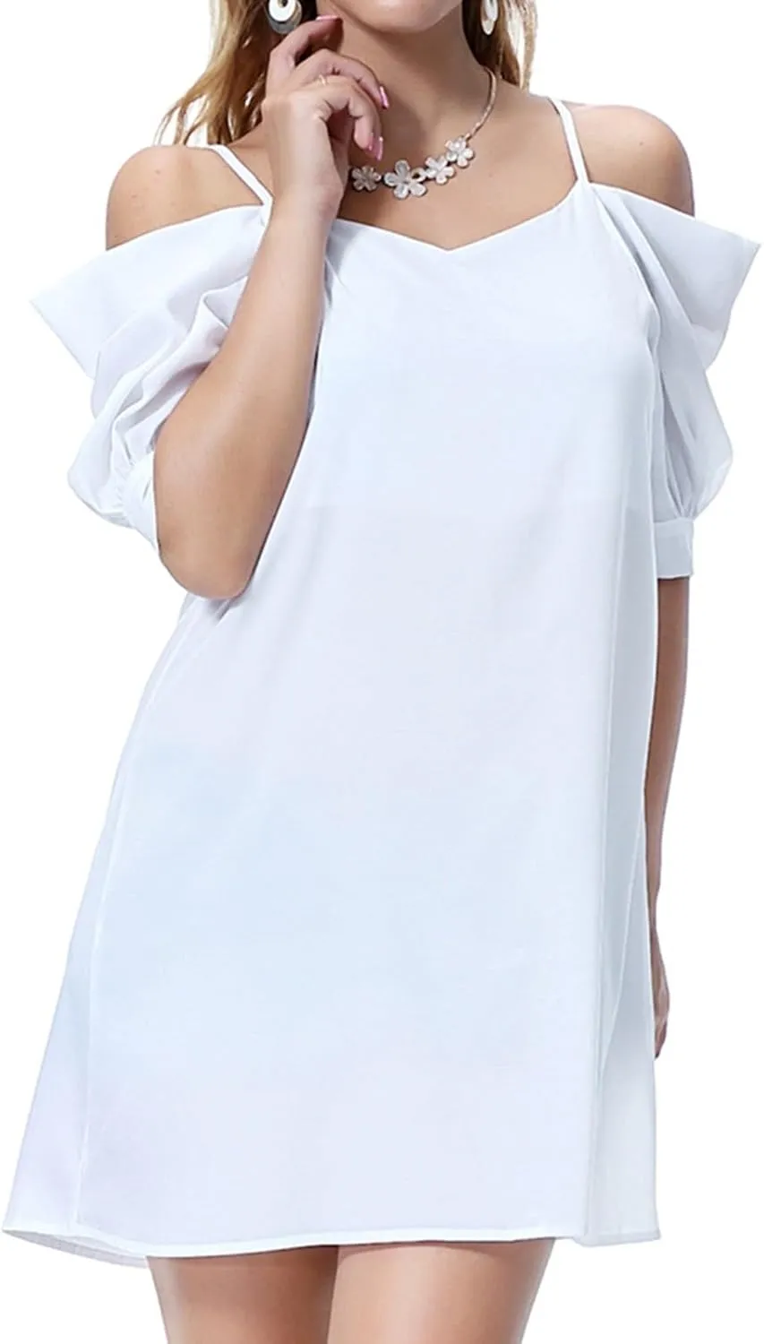 Women's Summer Dresses Trendy 2024 Casual Spaghetti Strap Sundress Dress Cold Shoulder Ruffle Sleeves Mini Beach Dresses