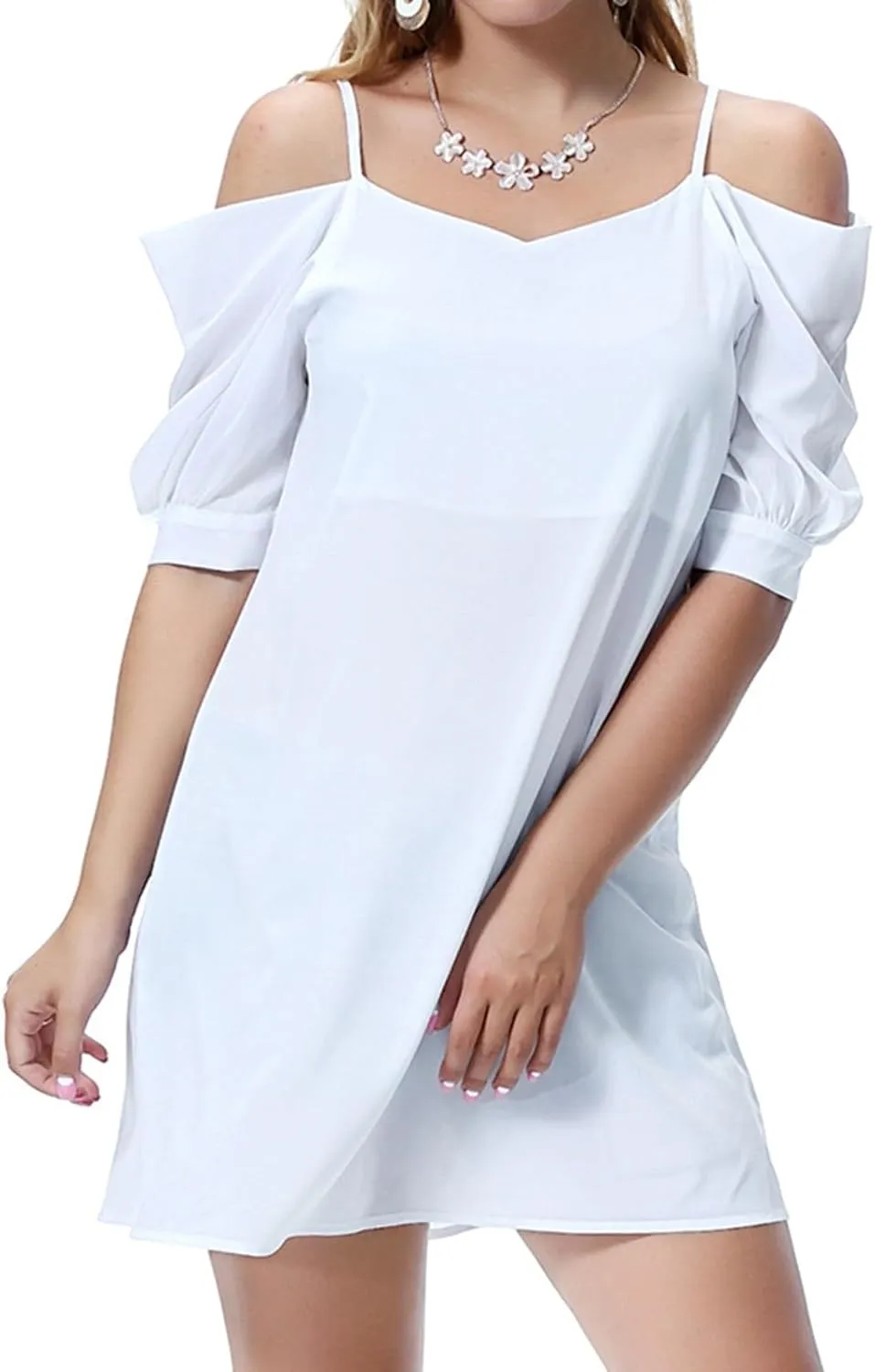Women's Summer Dresses Trendy 2024 Casual Spaghetti Strap Sundress Dress Cold Shoulder Ruffle Sleeves Mini Beach Dresses