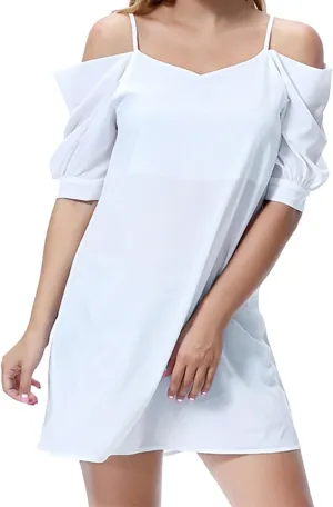 Women's Summer Dresses Trendy 2024 Casual Spaghetti Strap Sundress Dress Cold Shoulder Ruffle Sleeves Mini Beach Dresses