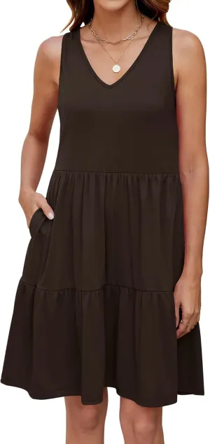 Womens Summer Dresses V Neck Tank Tiered Flowy Mini A Line Casual Sundress with Pockets