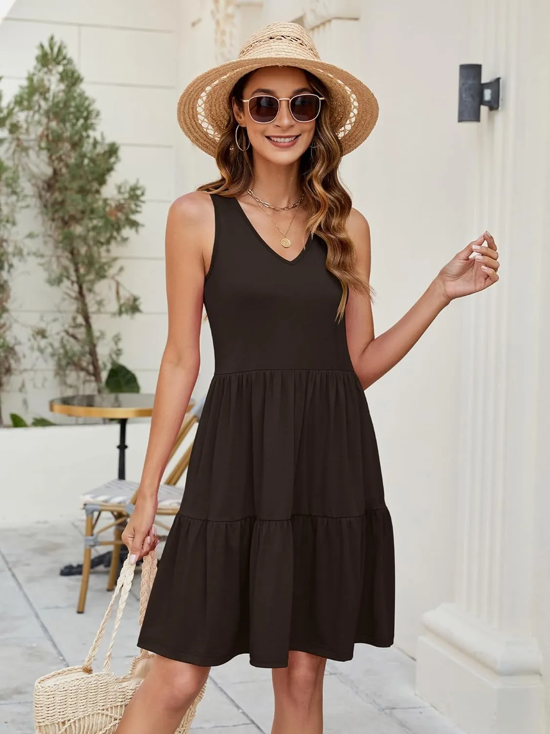 Womens Summer Dresses V Neck Tank Tiered Flowy Mini A Line Casual Sundress with Pockets