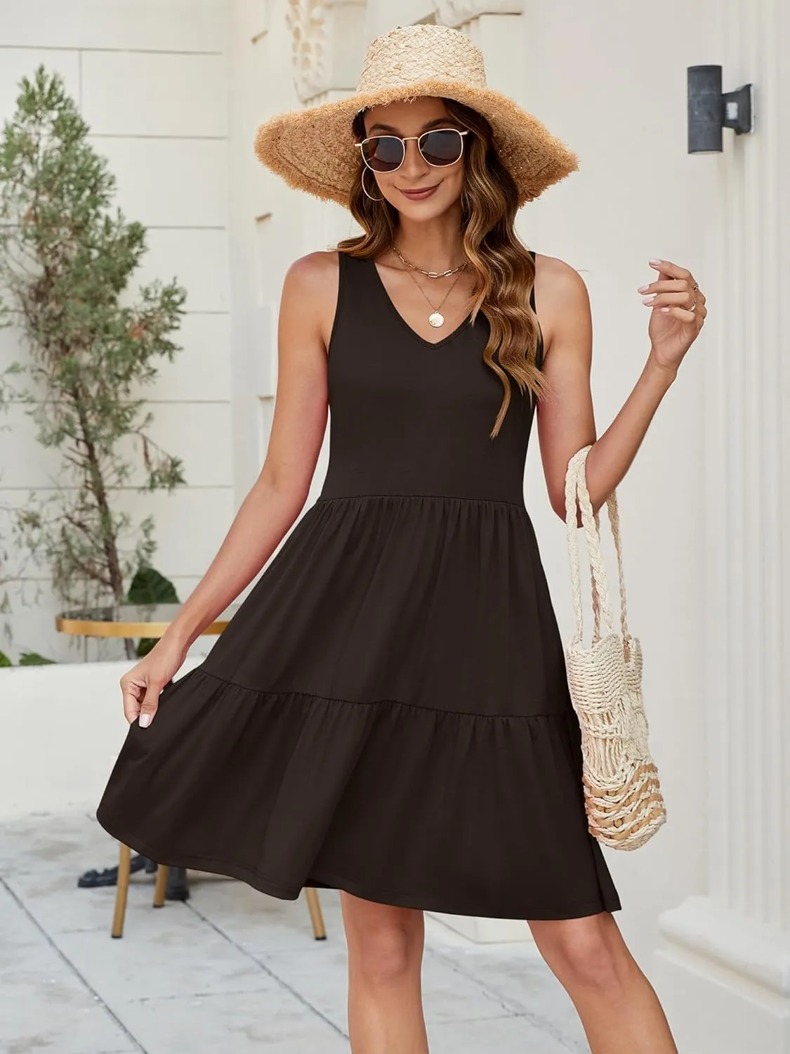 Womens Summer Dresses V Neck Tank Tiered Flowy Mini A Line Casual Sundress with Pockets