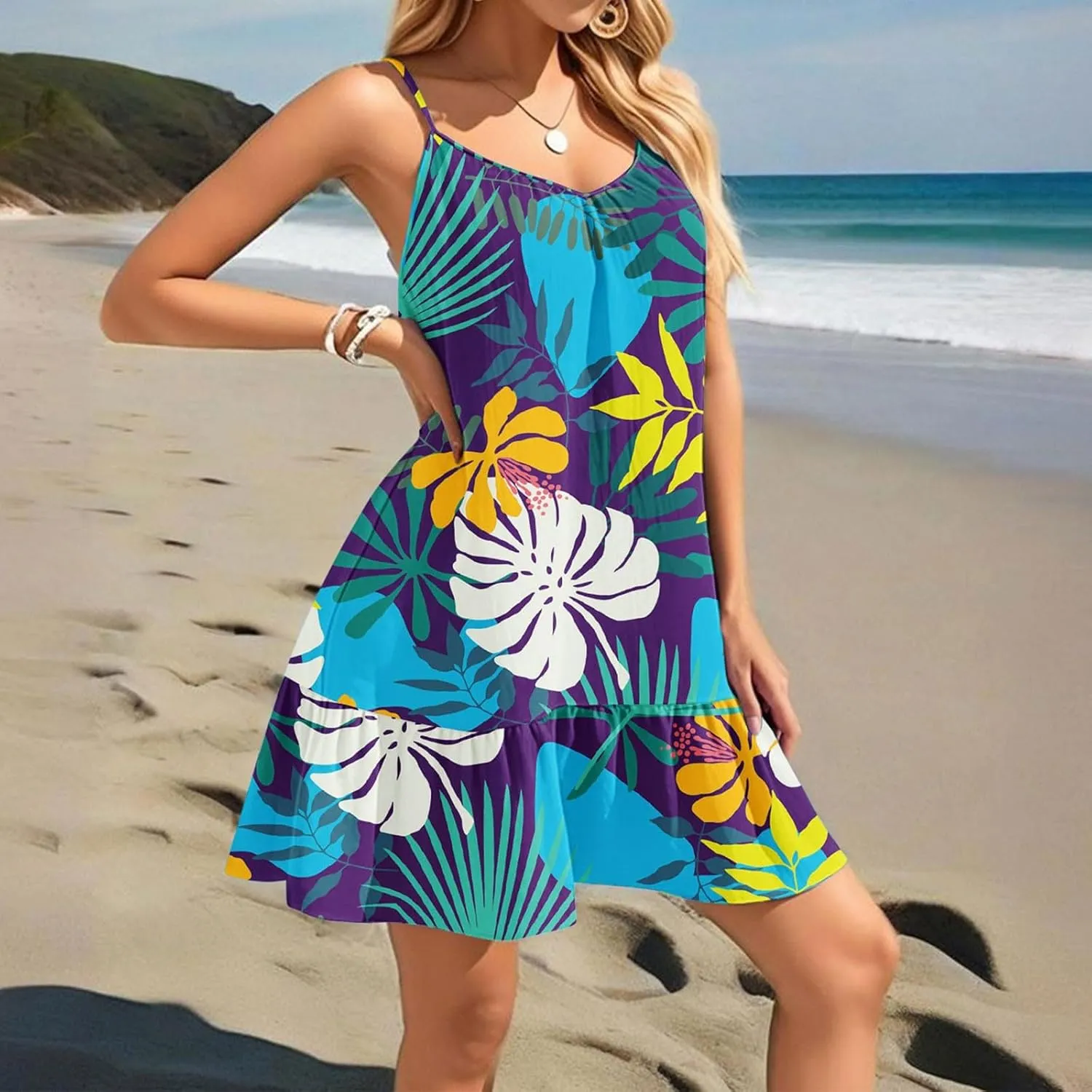 Women's Summer Floral Mini Dresses, Spaghetti Strap Cold Shoulder Ruffle Hem Swimsuits Beach Cover Up Sundress