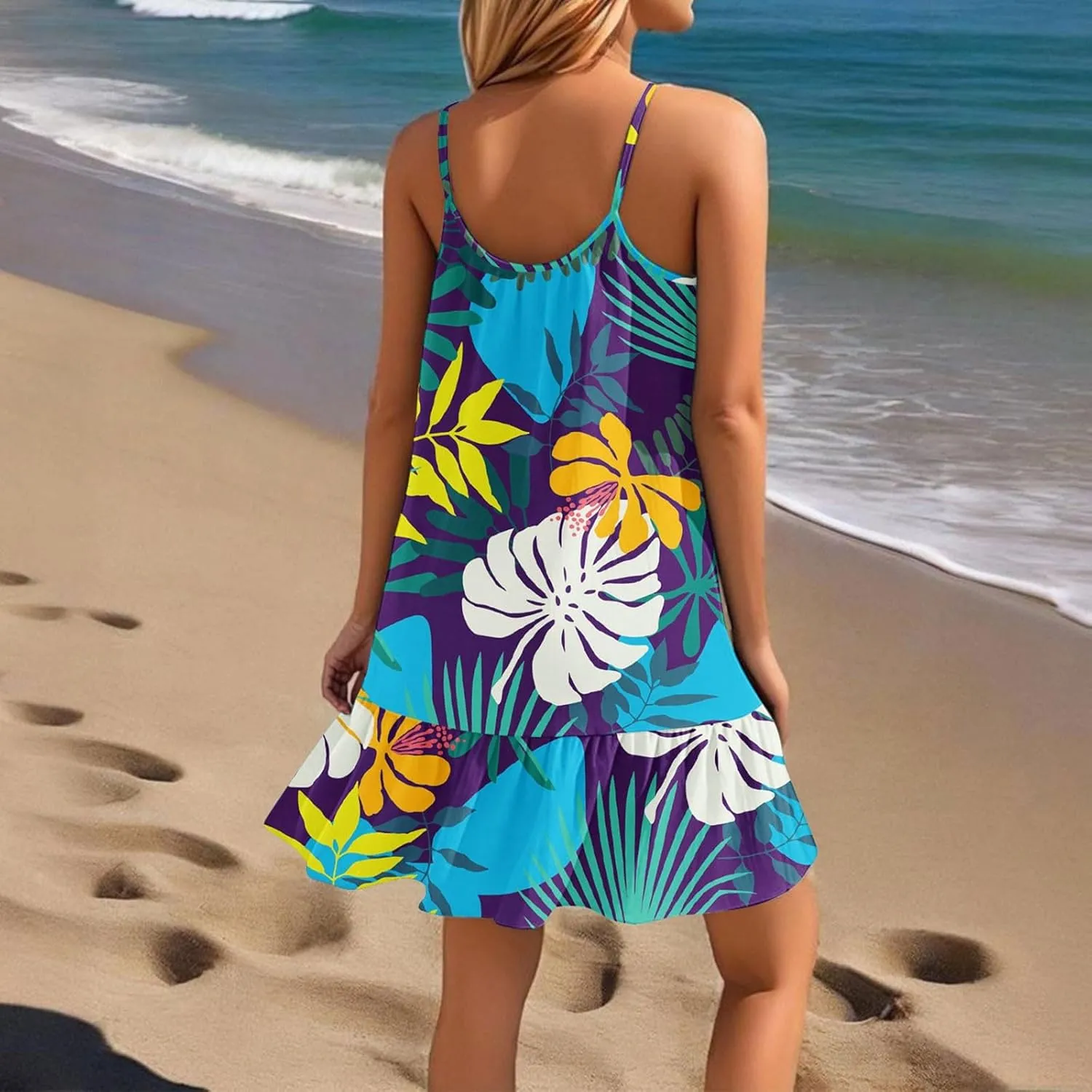 Women's Summer Floral Mini Dresses, Spaghetti Strap Cold Shoulder Ruffle Hem Swimsuits Beach Cover Up Sundress