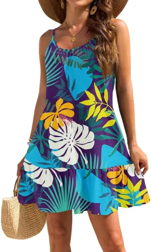 Women's Summer Floral Mini Dresses, Spaghetti Strap Cold Shoulder Ruffle Hem Swimsuits Beach Cover Up Sundress