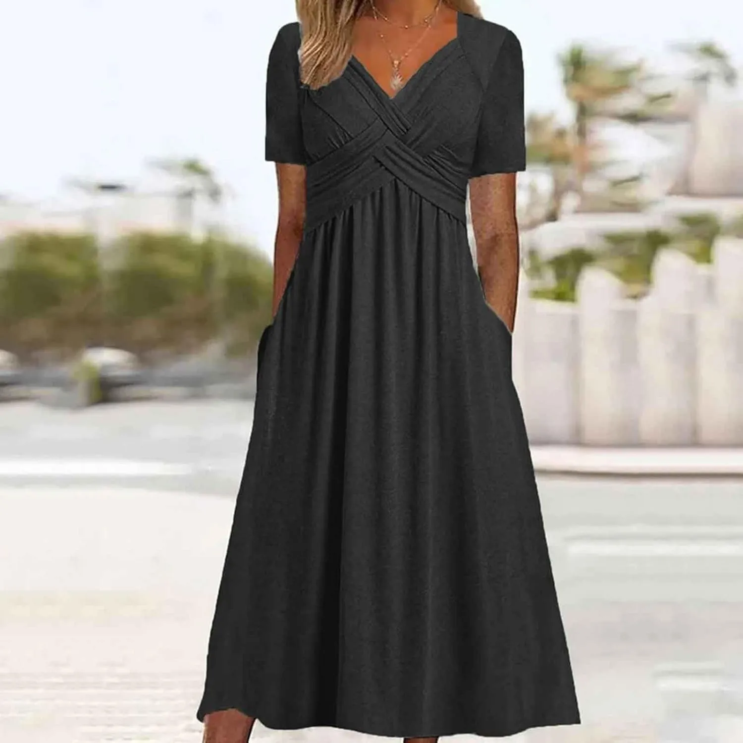 Women's Summer Maxi Dress 2025 Casual Short Sleeve Wrap V Neck Flowy Swing Plated Long Beach Sun Dresses with Pockets