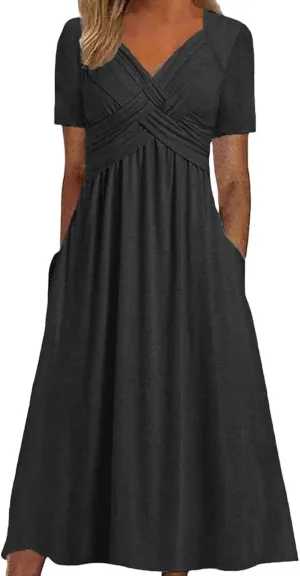 Women's Summer Maxi Dress 2025 Casual Short Sleeve Wrap V Neck Flowy Swing Plated Long Beach Sun Dresses with Pockets