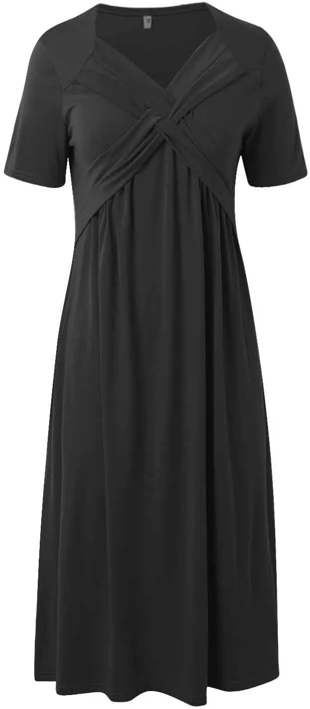 Women's Summer Maxi Dress 2025 Casual Short Sleeve Wrap V Neck Flowy Swing Plated Long Beach Sun Dresses with Pockets