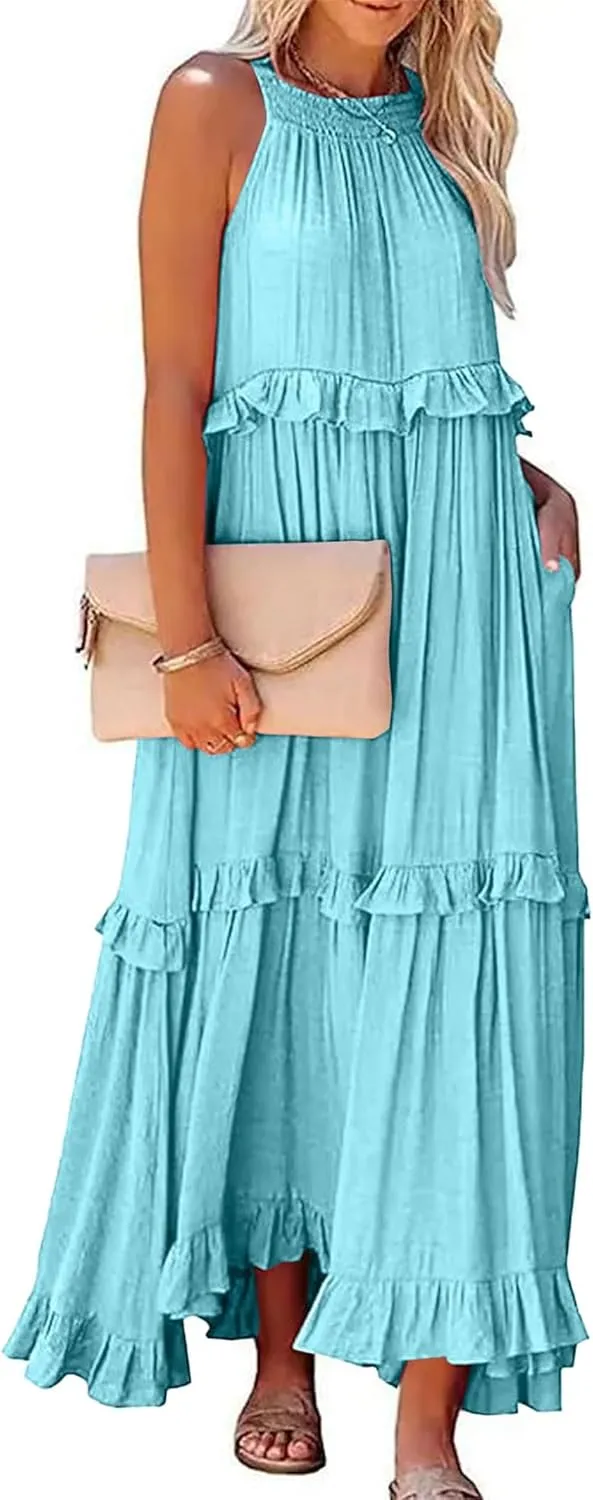 Women's Summer Maxi Dress Casual Boho Sleeveless Spaghetti Strap Smocked Tiered Long Beach Sexly Loose Sun Dresses