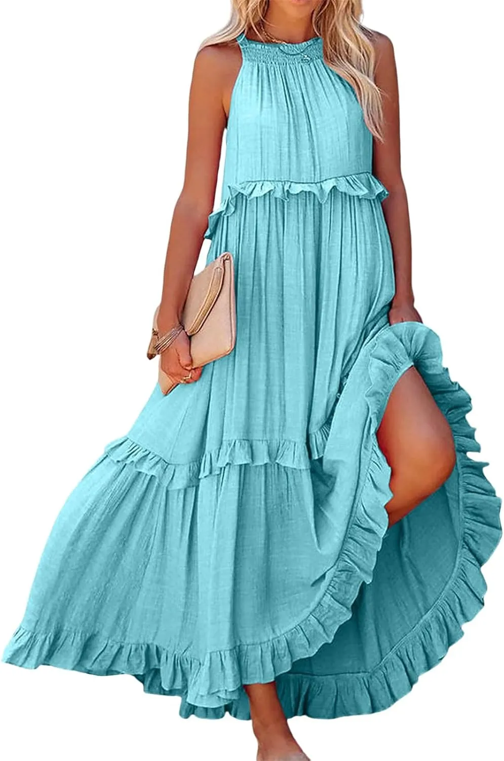 Women's Summer Maxi Dress Casual Boho Sleeveless Spaghetti Strap Smocked Tiered Long Beach Sexly Loose Sun Dresses