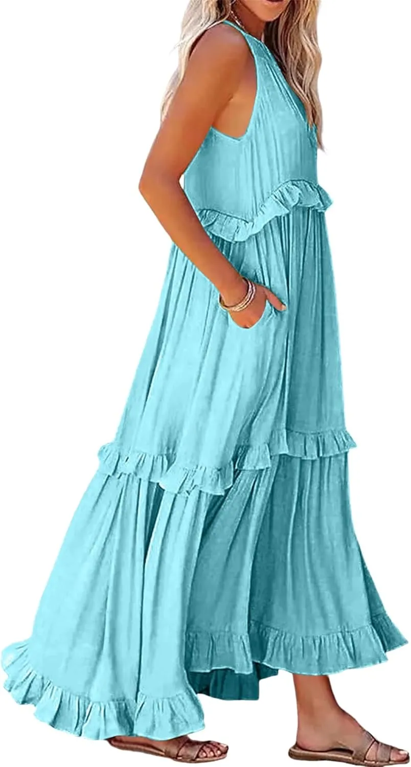 Women's Summer Maxi Dress Casual Boho Sleeveless Spaghetti Strap Smocked Tiered Long Beach Sexly Loose Sun Dresses
