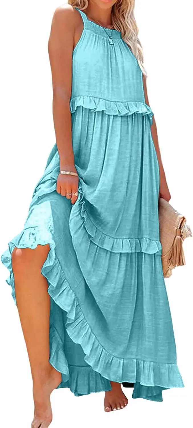 Women's Summer Maxi Dress Casual Boho Sleeveless Spaghetti Strap Smocked Tiered Long Beach Sexly Loose Sun Dresses