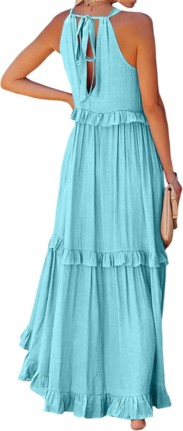 Women's Summer Maxi Dress Casual Boho Sleeveless Spaghetti Strap Smocked Tiered Long Beach Sexly Loose Sun Dresses