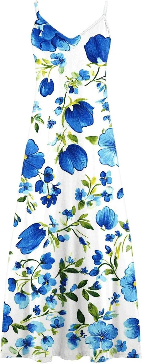 Women's Summer Maxi Dress Casual V-Neck Sleeveless Sundress Bohemian Spaghetti Strap Floral Long Maxi Dresses
