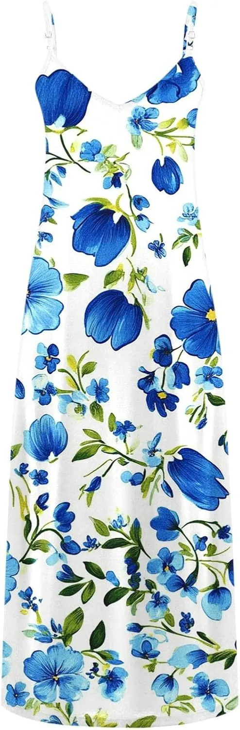 Women's Summer Maxi Dress Casual V-Neck Sleeveless Sundress Bohemian Spaghetti Strap Floral Long Maxi Dresses