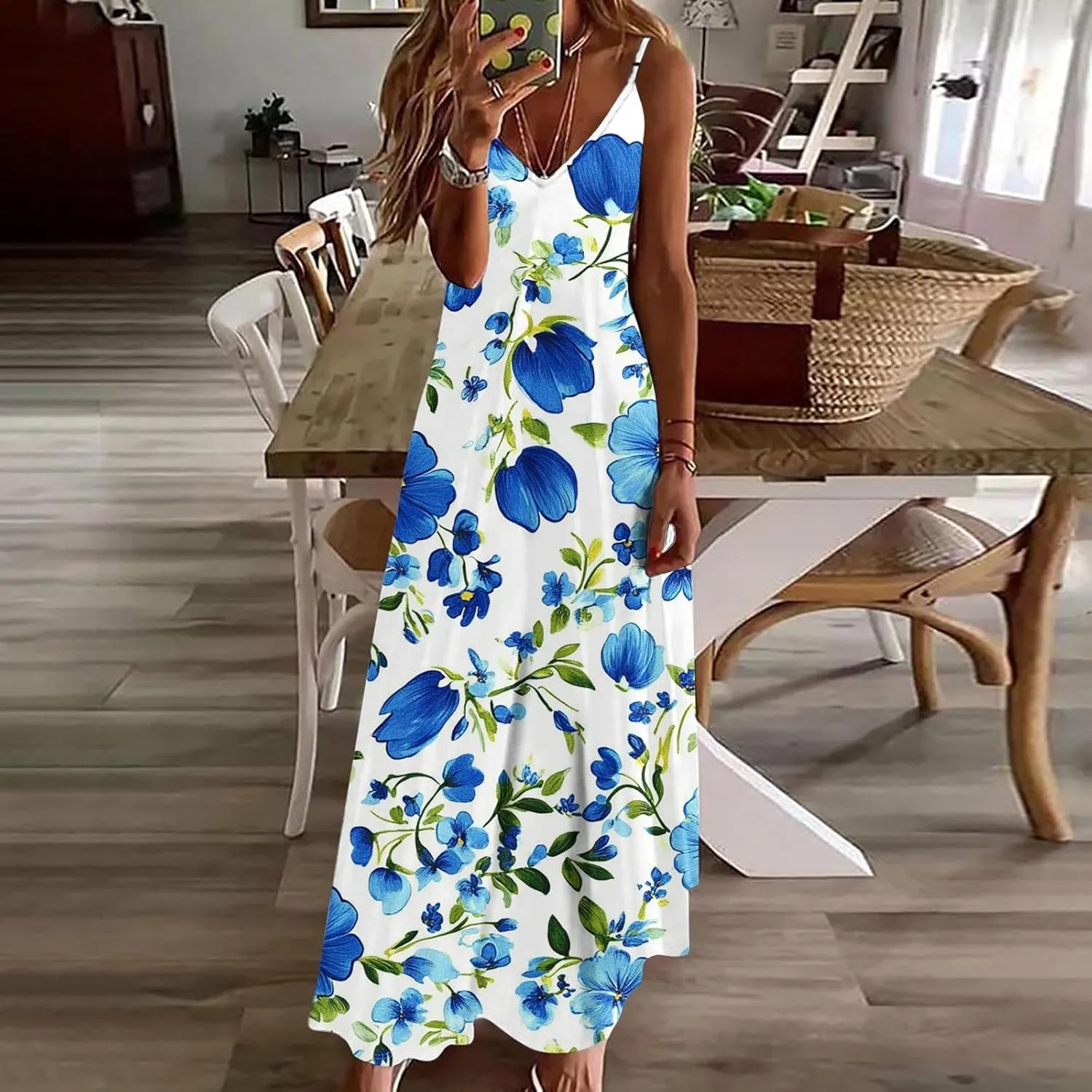 Women's Summer Maxi Dress Casual V-Neck Sleeveless Sundress Bohemian Spaghetti Strap Floral Long Maxi Dresses