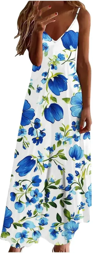 Women's Summer Maxi Dress Casual V-Neck Sleeveless Sundress Bohemian Spaghetti Strap Floral Long Maxi Dresses