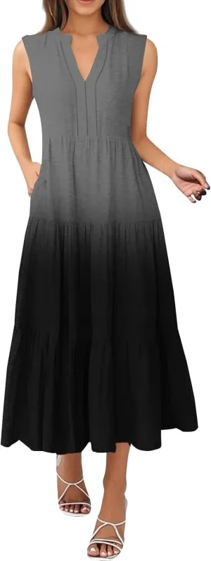 Womens Summer Maxi Dresses Vintage Floral Sleeveless Drop Waist A-Line Flowy Tiered Boho Long Beach Tank Sundress