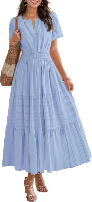 Womens Summer Midi Maxi Dresses Casual V Neck Short Sleeve Flowy A Line Boho Beach Dress with Pockets