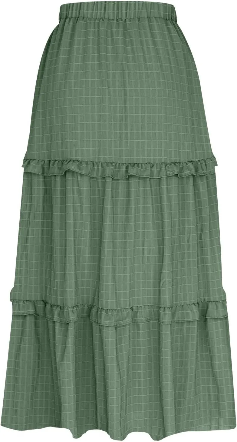 Womens Summer Midi Skirt 2024 Boho Elastic High Waist Pleated A-Line Flowy Swing Tiered Casual Long Beach Skirt Dress