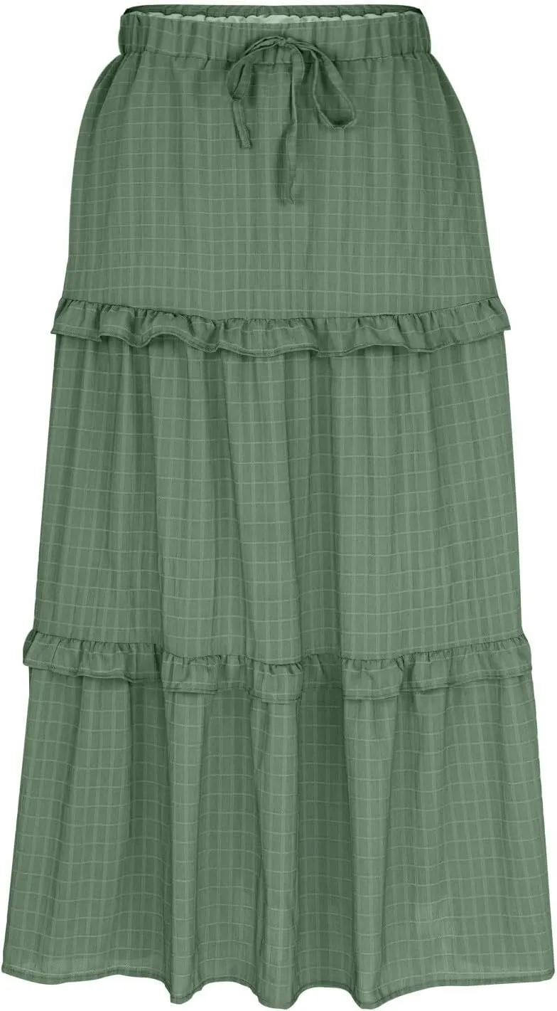 Womens Summer Midi Skirt 2024 Boho Elastic High Waist Pleated A-Line Flowy Swing Tiered Casual Long Beach Skirt Dress