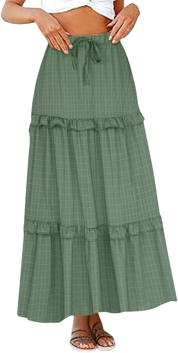 Womens Summer Midi Skirt 2024 Boho Elastic High Waist Pleated A-Line Flowy Swing Tiered Casual Long Beach Skirt Dress
