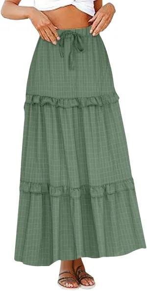 Womens Summer Midi Skirt 2024 Boho Elastic High Waist Pleated A-Line Flowy Swing Tiered Casual Long Beach Skirt Dress