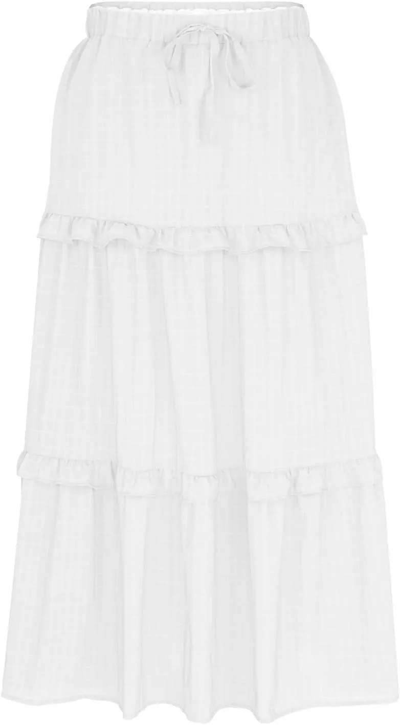 Womens Summer Midi Skirt 2024 Boho Elastic High Waist Pleated A-Line Flowy Swing Tiered Casual Long Beach Skirt Dress