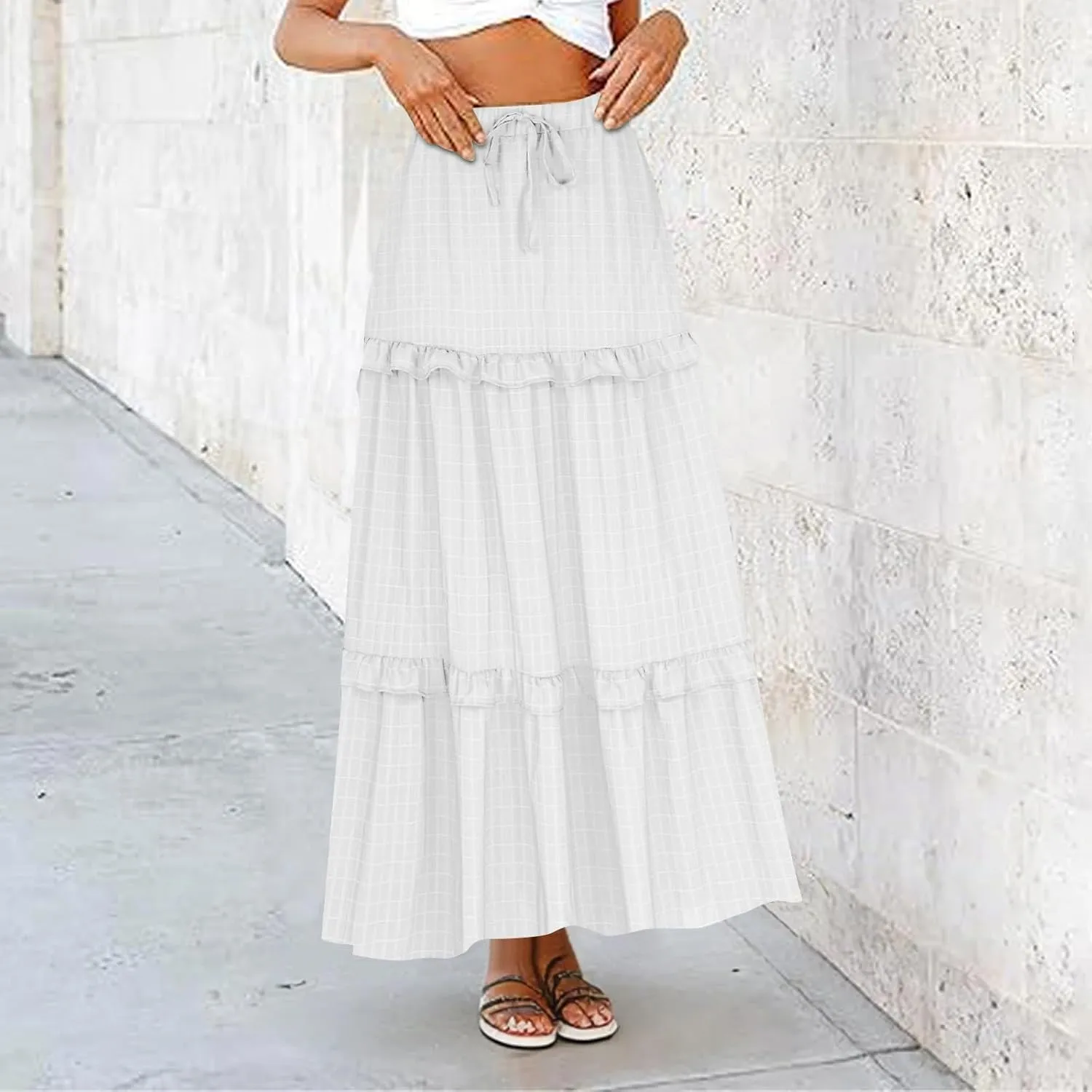 Womens Summer Midi Skirt 2024 Boho Elastic High Waist Pleated A-Line Flowy Swing Tiered Casual Long Beach Skirt Dress