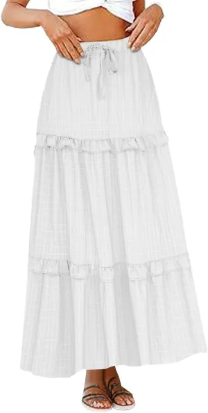 Womens Summer Midi Skirt 2024 Boho Elastic High Waist Pleated A-Line Flowy Swing Tiered Casual Long Beach Skirt Dress