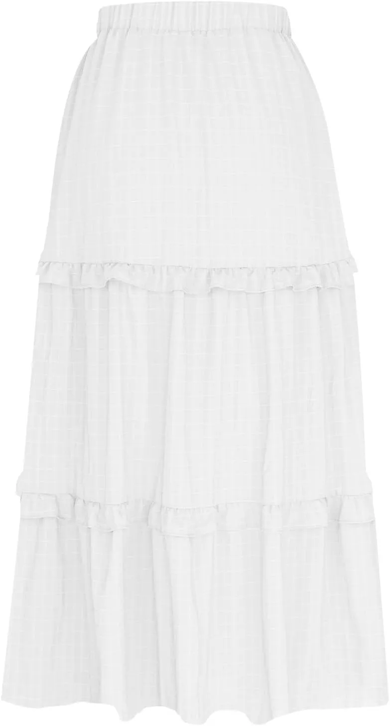 Womens Summer Midi Skirt 2024 Boho Elastic High Waist Pleated A-Line Flowy Swing Tiered Casual Long Beach Skirt Dress