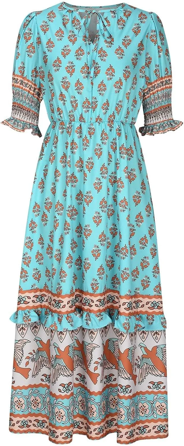 Women's Summer Ruffle Maxi Dress Smocked Lantern Sleeve Floral Swing Dresses V Neck High Waist Flowy Boho Long Dress