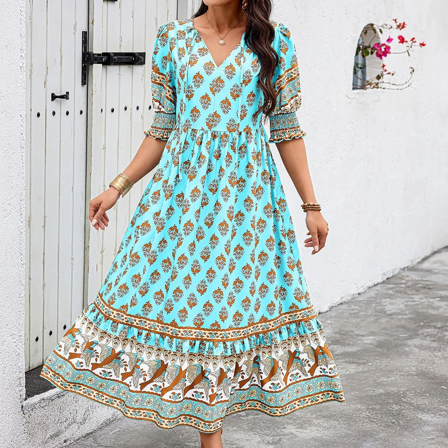 Women's Summer Ruffle Maxi Dress Smocked Lantern Sleeve Floral Swing Dresses V Neck High Waist Flowy Boho Long Dress