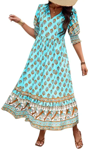 Women's Summer Ruffle Maxi Dress Smocked Lantern Sleeve Floral Swing Dresses V Neck High Waist Flowy Boho Long Dress