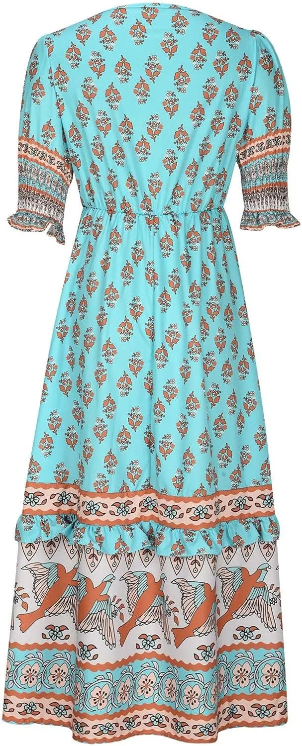 Women's Summer Ruffle Maxi Dress Smocked Lantern Sleeve Floral Swing Dresses V Neck High Waist Flowy Boho Long Dress