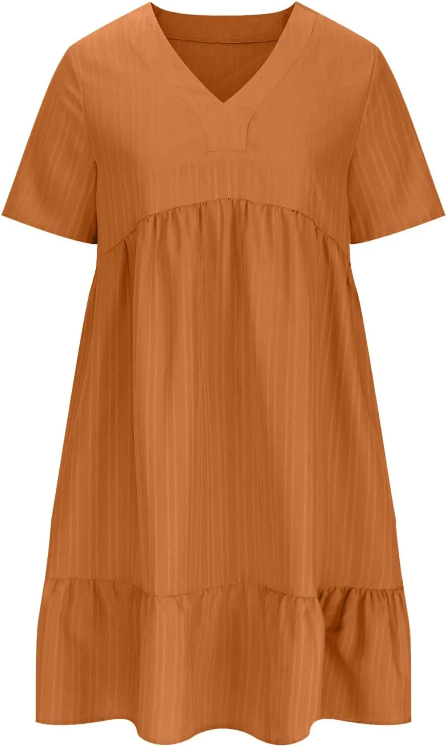 Womens Summer Short Sleeve Dresses V Neck Casual Solid Ruffle Tiered Layered Flowy A-Line Dress 2025 Beach Vacation
