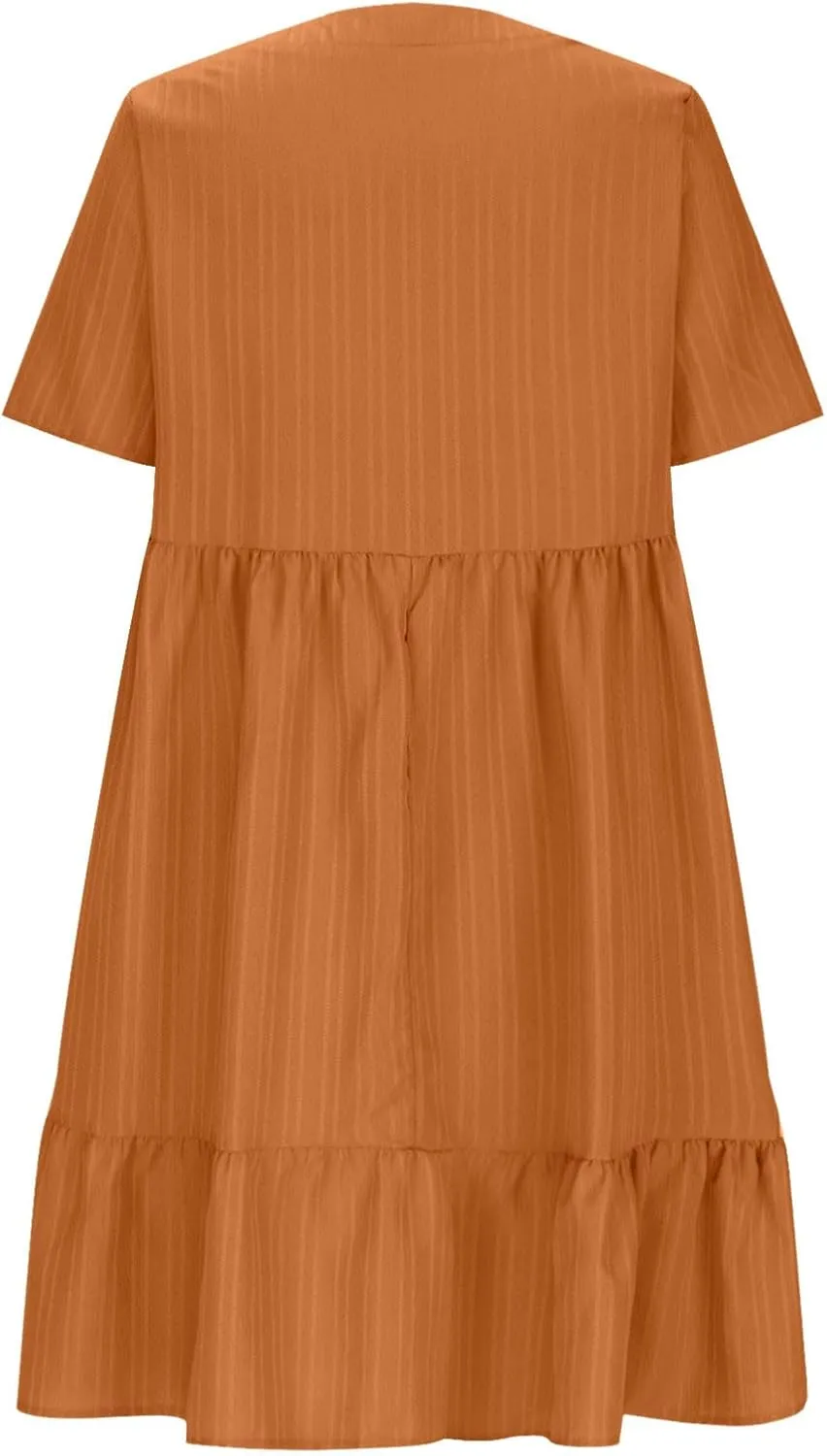 Womens Summer Short Sleeve Dresses V Neck Casual Solid Ruffle Tiered Layered Flowy A-Line Dress 2025 Beach Vacation