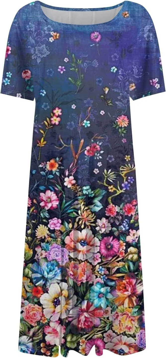Womens Summer Short Sleeve Midi Dresses Casual Floral A-Line Dress Flowy Beach Vacation Sundress with Pocket