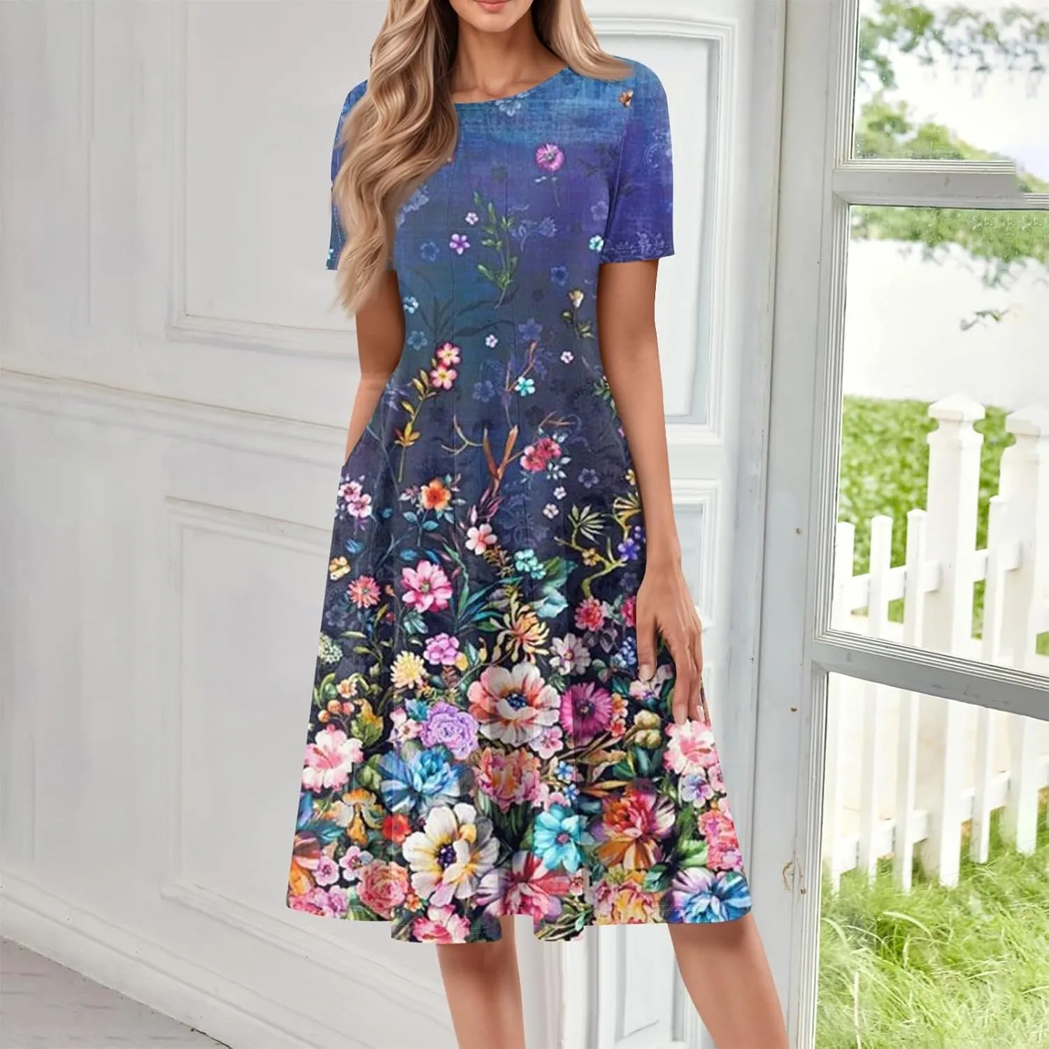 Womens Summer Short Sleeve Midi Dresses Casual Floral A-Line Dress Flowy Beach Vacation Sundress with Pocket