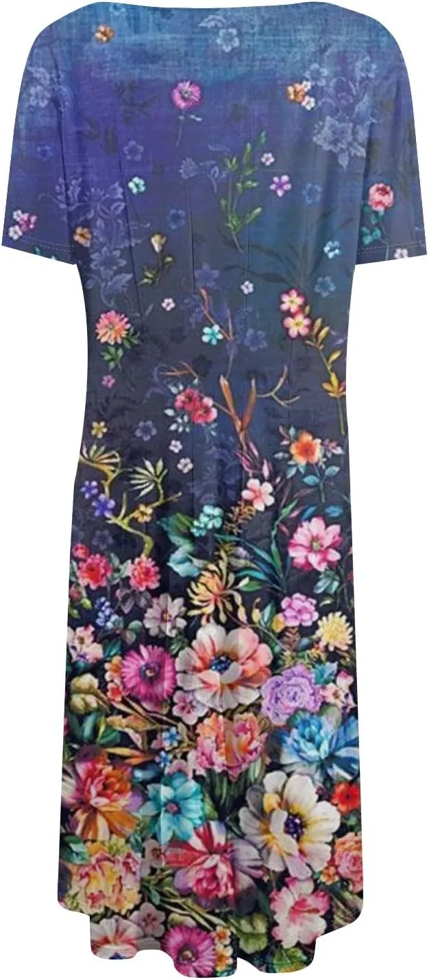 Womens Summer Short Sleeve Midi Dresses Casual Floral A-Line Dress Flowy Beach Vacation Sundress with Pocket