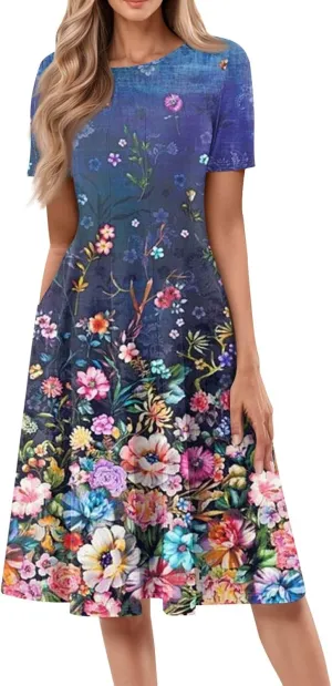 Womens Summer Short Sleeve Midi Dresses Casual Floral A-Line Dress Flowy Beach Vacation Sundress with Pocket